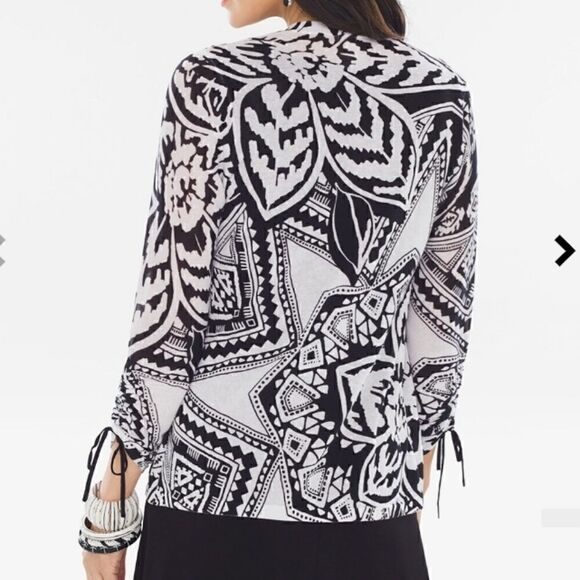 Chicos abstract floral ruched 3/4 sleeve w tie detail open front cardigan Size L - Picture 6 of 6